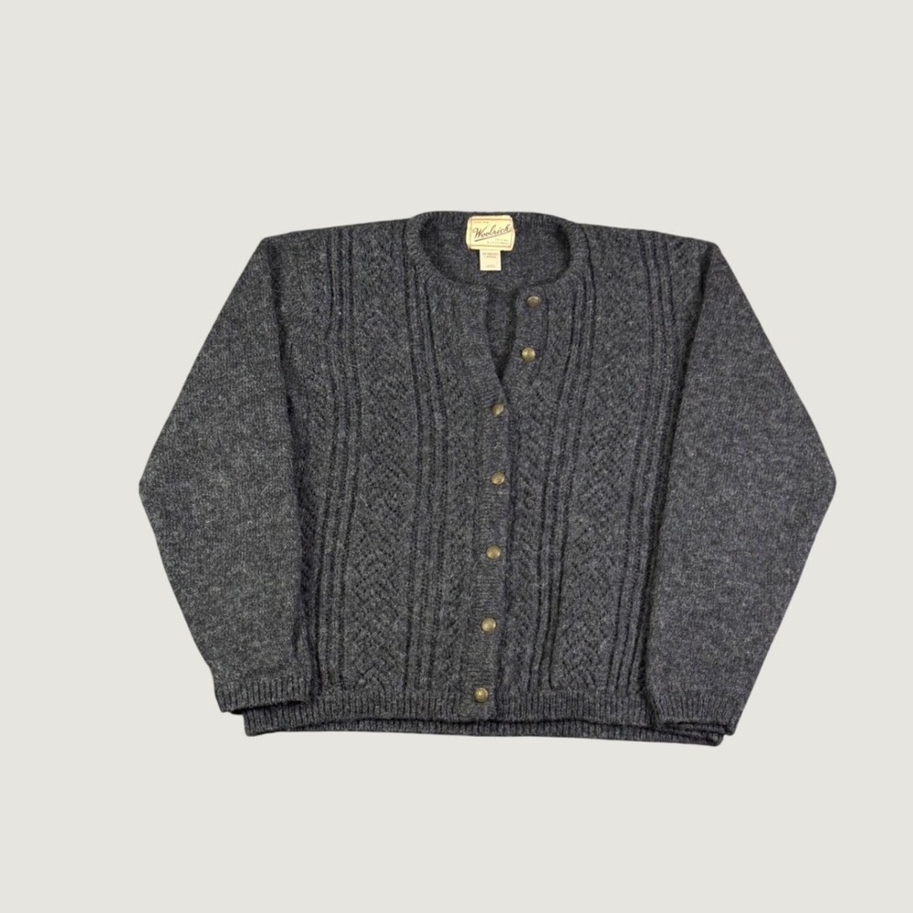 Woolrich Vintage Womens Large Gray Cable Knit Button Front Cardigan Sweater